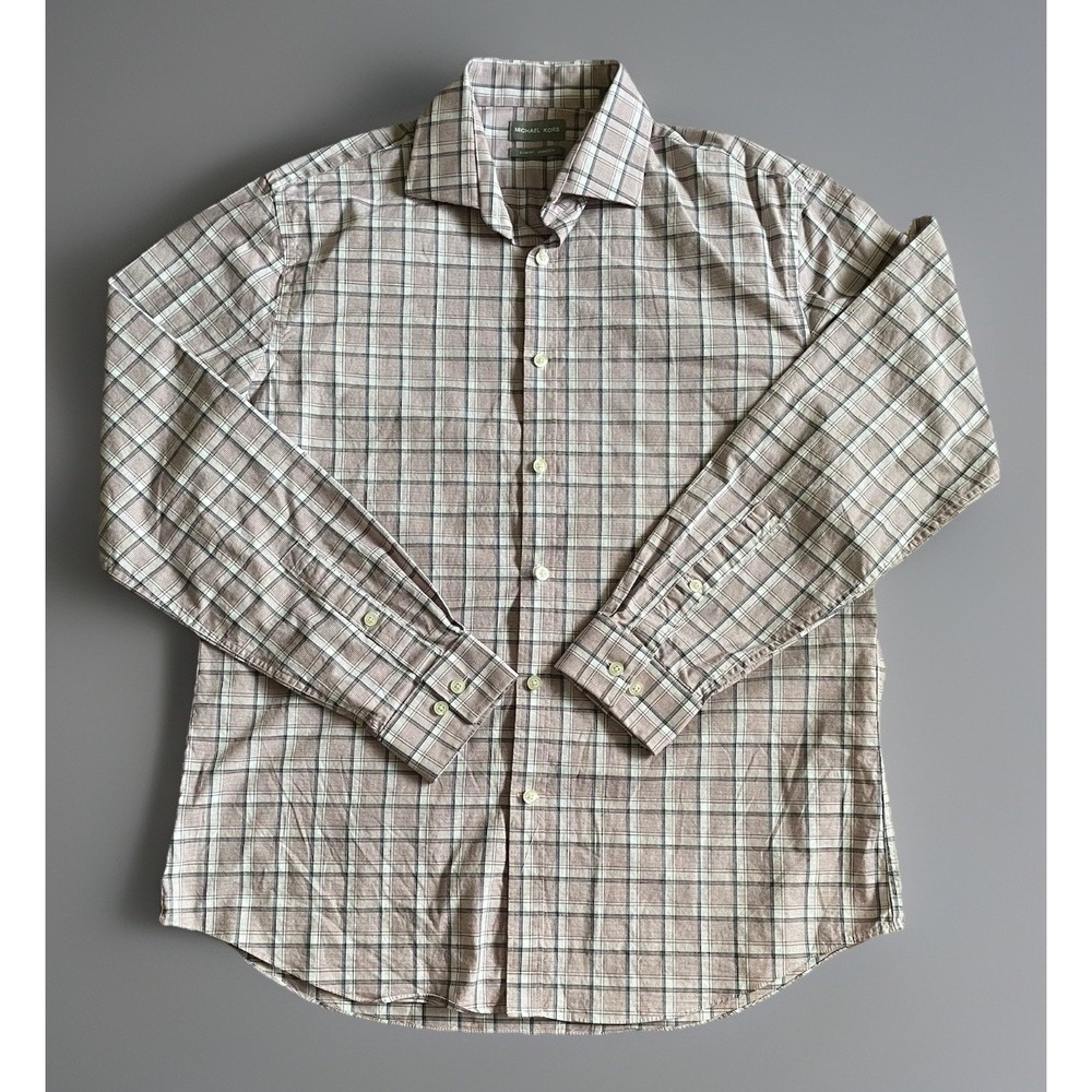 Michael Kors Long Sleeve Button Up Shirt Red Blue Plaid Stretch Slim Large JBHS